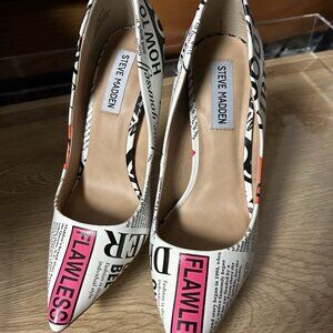 Steve Madden Vala Pumps Heels Newspaper Print Statement Glam Edgy Chic
